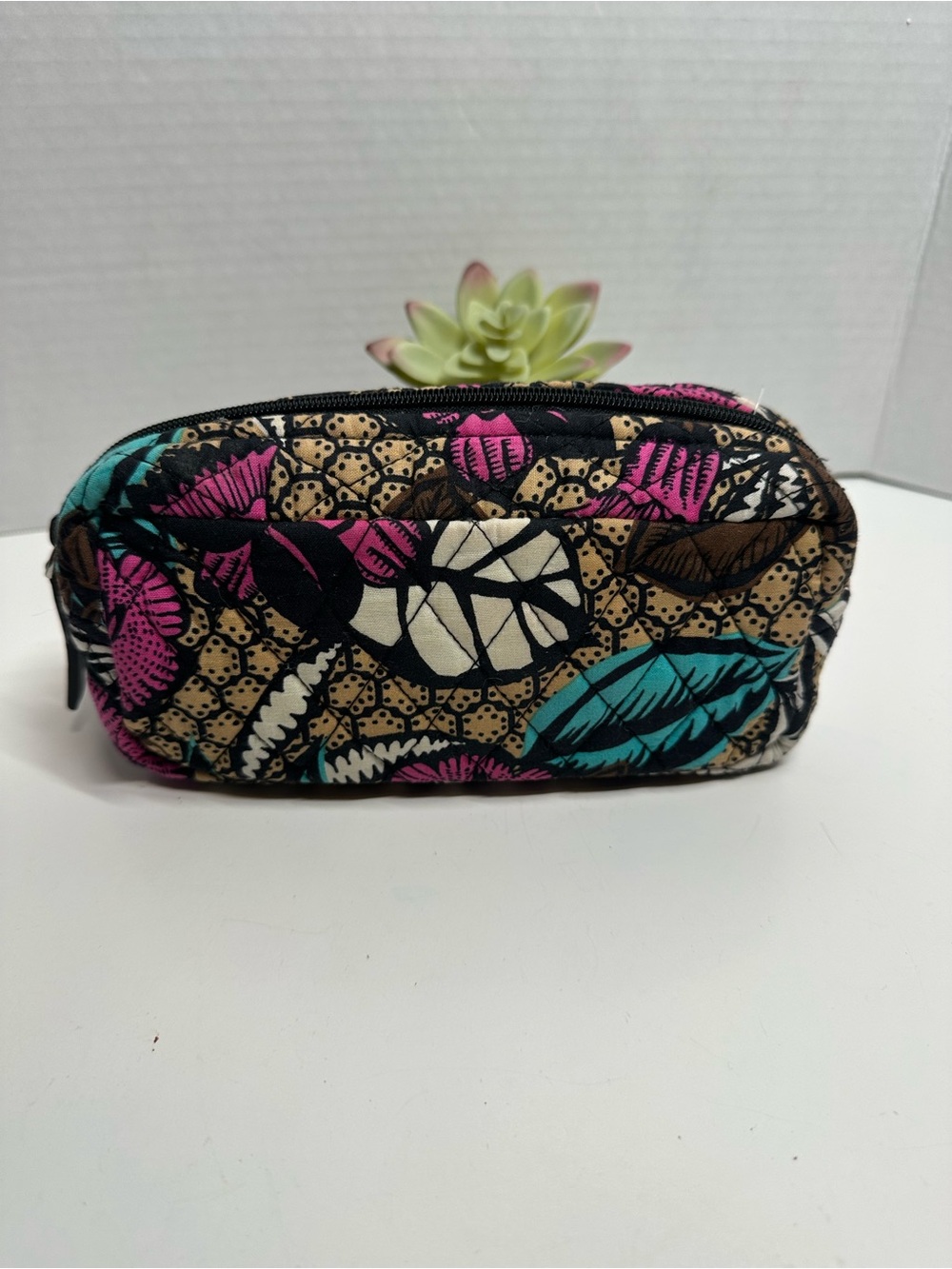 Vera Bradley Quilted Cosmetic Case in Pink Teal Cream Leaf Print